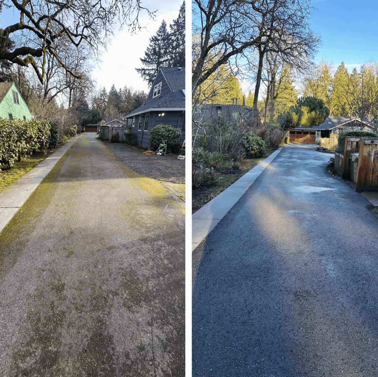 Before and after driveway pressure washing showing a darker cleaned surface.