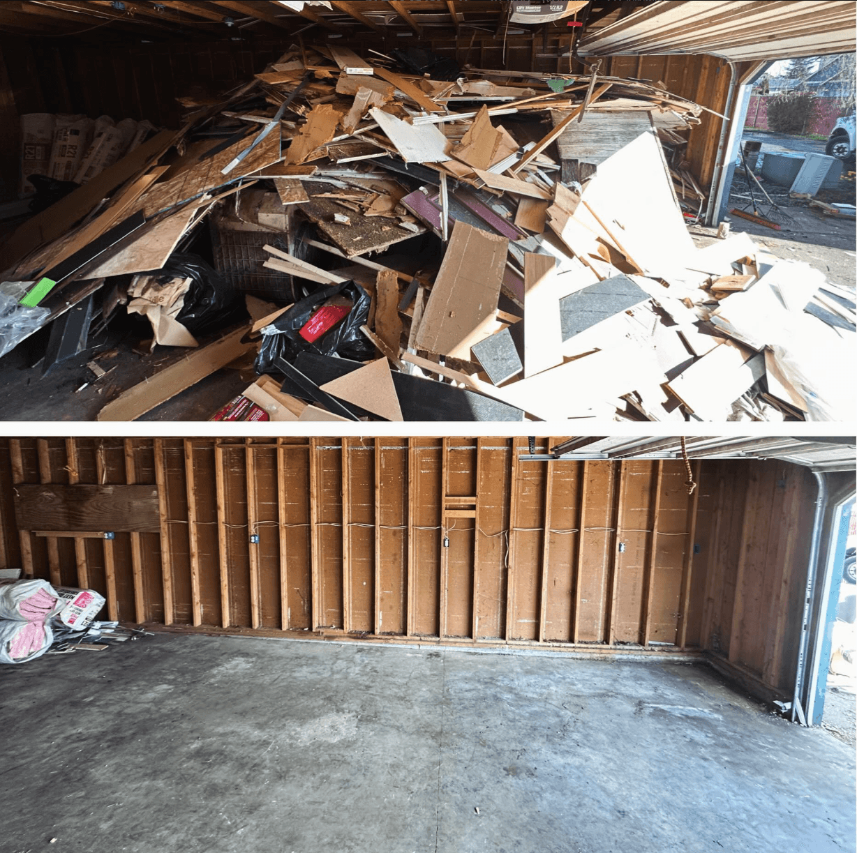 Before and after garage cleanout showing demolition debris removed and the space cleared.