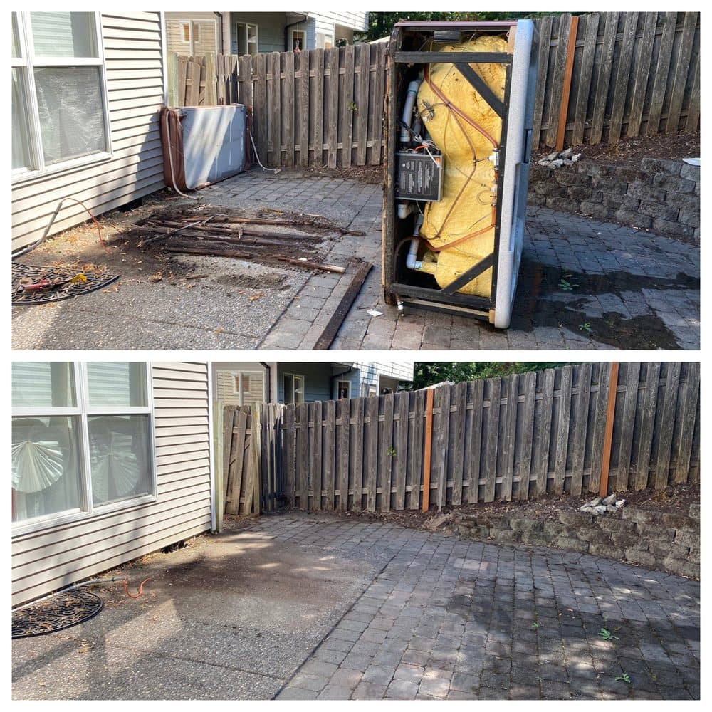 Before and after patio bulky-item removal from the original Trash X site.