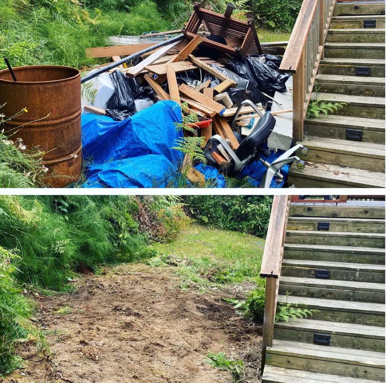 Before and after yard cleanup showing construction debris removed from a backyard.